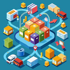 A flow of goods with boxes and arrows symbolizing supply chain or logistic 