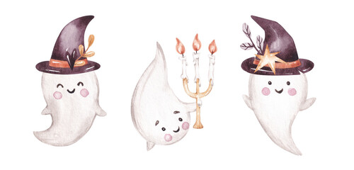 Halloween printable clip art hand drawn with watercolor. Isolated on white. Cute Halloween ghosts. Gender neutral design. For cards, invitations, posters, scrapbook and so on