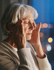 An elderly woman with gray hair closes her eyes and presses her temples with both hands, appearing to suffer from a headache or intense stress.	