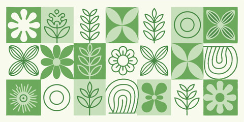 Green botanical pattern with flowers leaves and geometric shapes in a square grid arrangement design
