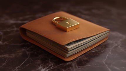 Brown leather wallet with a gold padlock on top of it. the wallet is open and appears to be lying on a dark marble surface.