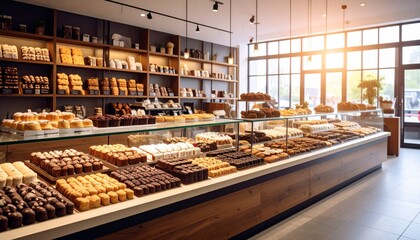 Bakery counter with various desserts cookies brownies bars neatly arranged.