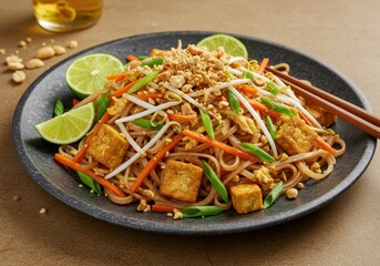 Colorful Stir-fried Noodles with Vegetables and Tofu on Dark Ceramic Plate with Fresh Lime Pieces