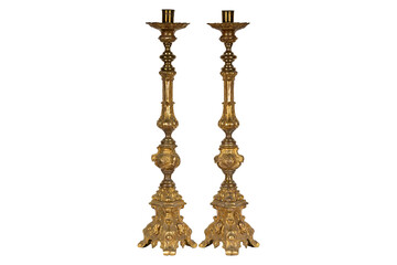 golden cross isolated on white  19th Century Antique Italian Baroque Gilt Candlesticks Candelabra
