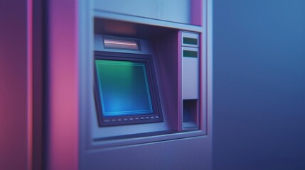 Atm machine with a blue and pink color scheme. the machine has a rectangular screen in the center with a green screen on the right side. the screen appears to be displaying a message or information.