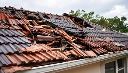 Damaged roof tiles after storm. Broken construction, building needs repair.