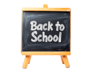 Back to school message written in chalk on a small wooden easel with transparent background
