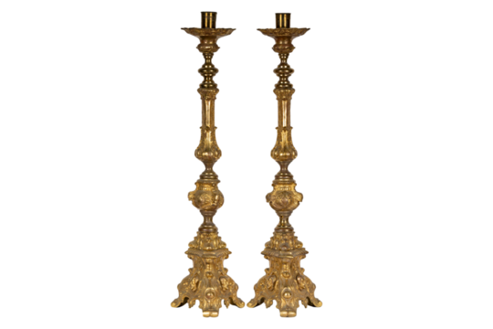 golden cross isolated on white  19th Century Antique Italian Baroque Gilt Candlesticks Candelabra