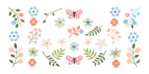 Floral arrangement featuring pastel flowers leaves and butterflies in a scattered pattern design style