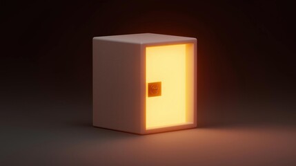 3d rendering of a square-shaped lamp with a square base. the lamp is lit up with a warm orange glow, creating a contrast between the light and the dark background.