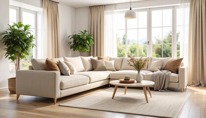 Fototapeta premium Modern living room interior mock up. Light beige sofa with pillows in spacious room with large windows and curtains.