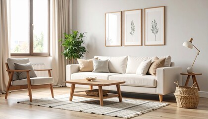 Fototapeta premium Modern minimalist living room interior. Cozy home design with white sofa, wooden coffee table, framed artwork and plant.