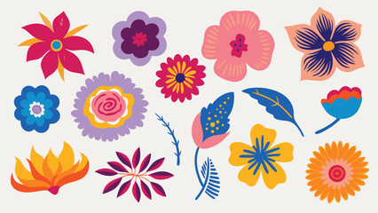 Collection of vibrant hand drawn flowers with various shapes and colors on a light background design