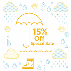 Vector illustration of a weather icon set depicting a cloud with rain and an umbrella against a clear sky, suitable for seasonal designs