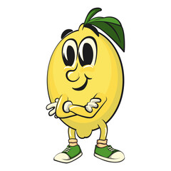 cute lemon mascot cartoon folding his arms calmly, fun citrus character vector for summer, work of hand drawn