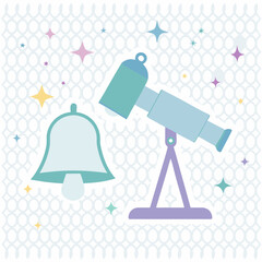 Iconic vector illustrations of scientific equipment, including a microscope and a telescope, with elements of light and design