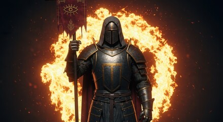 Fototapeta premium Faceless Knight with Banner Before a Circle of Fire