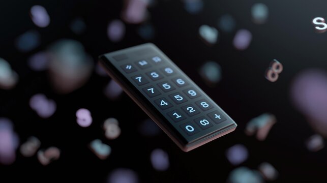 Black calculator floating in the air. the calculator has a rectangular shape with rounded edges and a keypad in the center. the keypad has numbers, letters, and symbols on it.