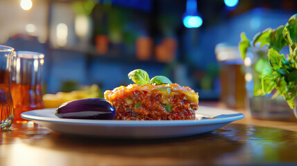 Delicious plate of moussaka featuring layers of eggplant, meat, and cheese, garnished with fresh basil, evokes warm