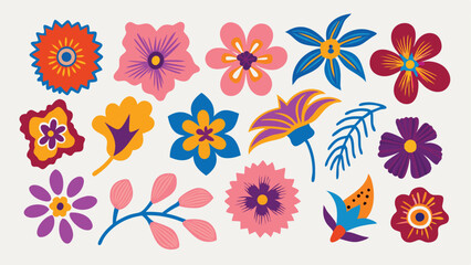 A collection of colorful stylized floral designs featuring various shapes and vibrant color palettes drawn nicely
