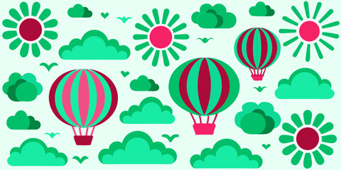 Fototapeta premium Vibrant Hot Air Balloon Illustration with Sunflowers and Clouds