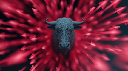 Close-up of a bull's head in the center of a red flower. the bull's face is in the foreground, with its horns pointing upwards.