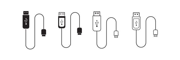 USB cable port icon set. USB type C A lightning and micro usb mobile phone charger vector collection isolated transparent. Plug adapter symbol. Electronic device connector. Smartphone charger sign