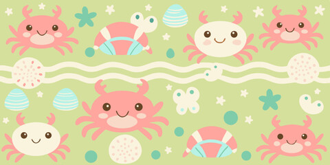 Adorable Crabs and Seashells Cute Ocean Life Pattern Illustration