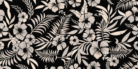 Monochrome floral pattern featuring hibiscus flowers and palm leaves on a black background in a seamless design