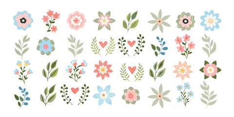 Collection of watercolor style flowers and leaves in various colors arranged in a grid pattern on white