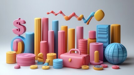 A set of simple 3D business icons, including a briefcase, an upward trend chart and a dollar sign, in soft gradient colors and a pure white background. Abstract corporate design elements
