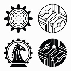 Technology icons set gear circuit board horse knight