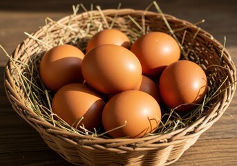 Fresh Brown Eggs Nestled in a Wooden Basket Surrounded by Natural Straw on a Rustic Wooden Table with Soft Light