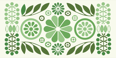 Green floral pattern with leaves circles and abstract shapes in a symmetrical arrangement design style