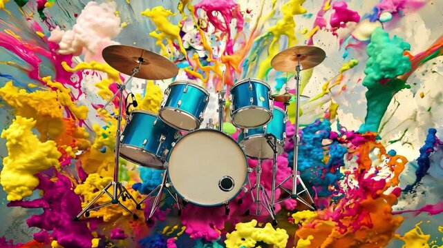 A lively drum set is showcased as vibrant colors explode around it, creating a dynamic blend of music and visual art