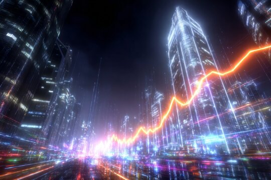 Dynamic Cityscape at Night With Glowing Graph
