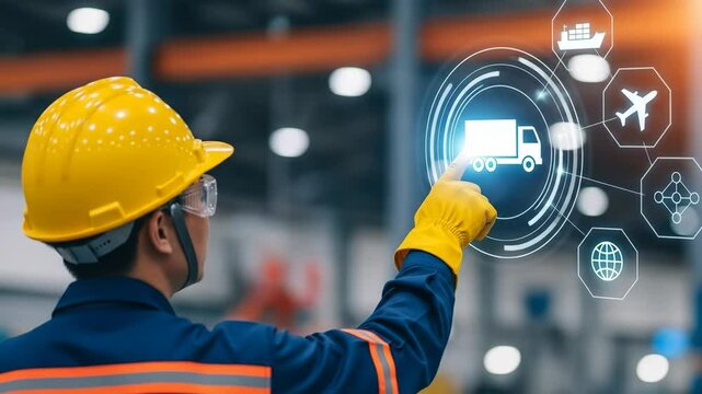 Individual wearing safety helmet and gloves is engaging with digital interface showcasing logistics icons. integration of technology in warehouse management and evolution of transportation systems - Powered by Adobe