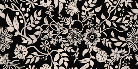 Illustration of a black background with white floral pattern and botanical elements in monochrome style