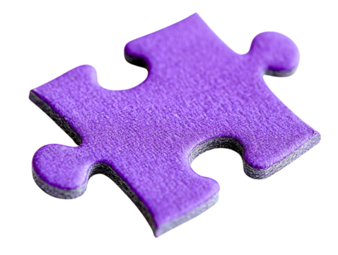Single purple jigsaw puzzle piece isolated, transparent background, close-up view
