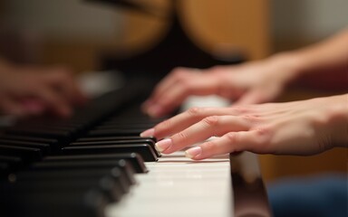 Obraz premium Favorite classical music...Close up view of gentle female hands playing a melody on piano while taking piano lessons. High quality