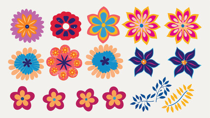 Assortment of colorful floral designs arranged in rows against a neutral background illustration