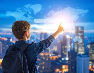 空中に浮かぶ検索バナーと世界地図を操作する少年