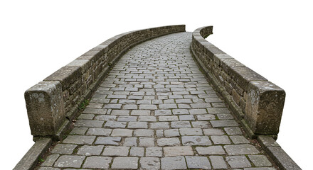 Curved ancient stone bridge walkway with cobblestones isolated on a transparent background