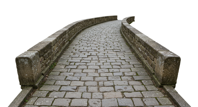 Curved ancient stone bridge walkway with cobblestones isolated on a transparent background
