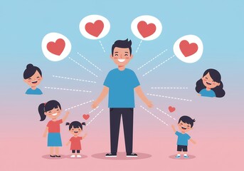 Father with Loving Family Cartoon Illustration