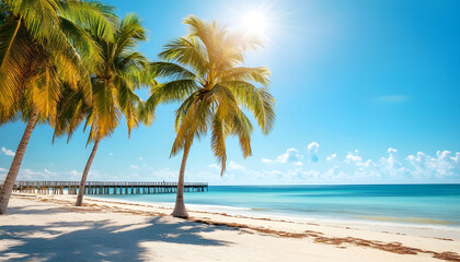 Sunny Beach View With Palm Trees and a Wooden Pier in the Distance on a Clear Day