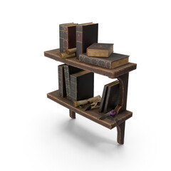 Vintage wooden bookshelf with old books and skulls isolated on transparent background