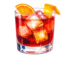 Watercolor illustration of a classic Negroni cocktail with orange garnish. Cocktail drink watercolor illustration on transparent background.