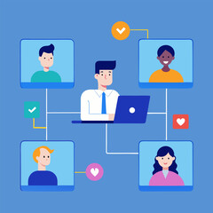 A hybrid meeting setup, showing in-office and remote team members interacting seamlessly on screens.