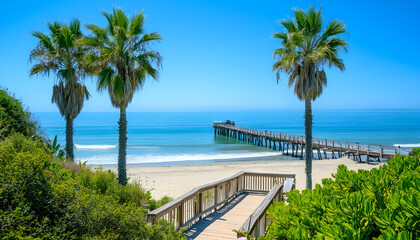 Fototapeta premium Sunny Beach View With Palm Trees and a Wooden Pier in the Distance on a Clear Day